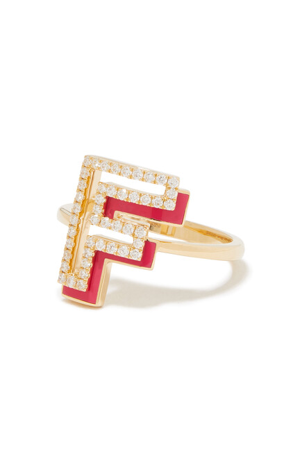 F Silhouette Ring, 18k Yellow Gold with Diamonds & Enamel